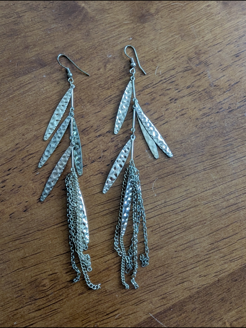 Hammered Metal Tassel Dangle Earrings - Gold Toned